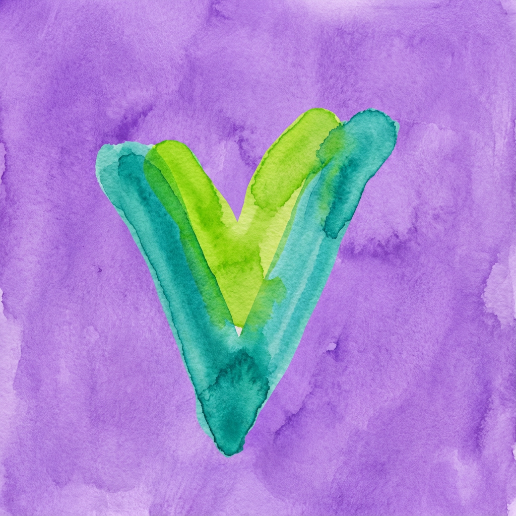 AI image generated of An abstract V made from three overlapping brushstrokes in turquoise and lime green against a purple background.