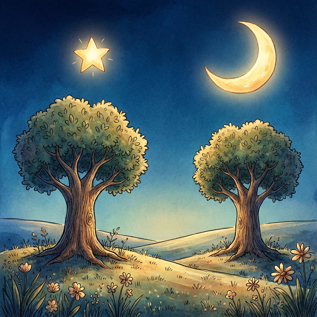 AI image generated of Two simple trees stand on a line of ground under a crescent moon and a star in the night sky.