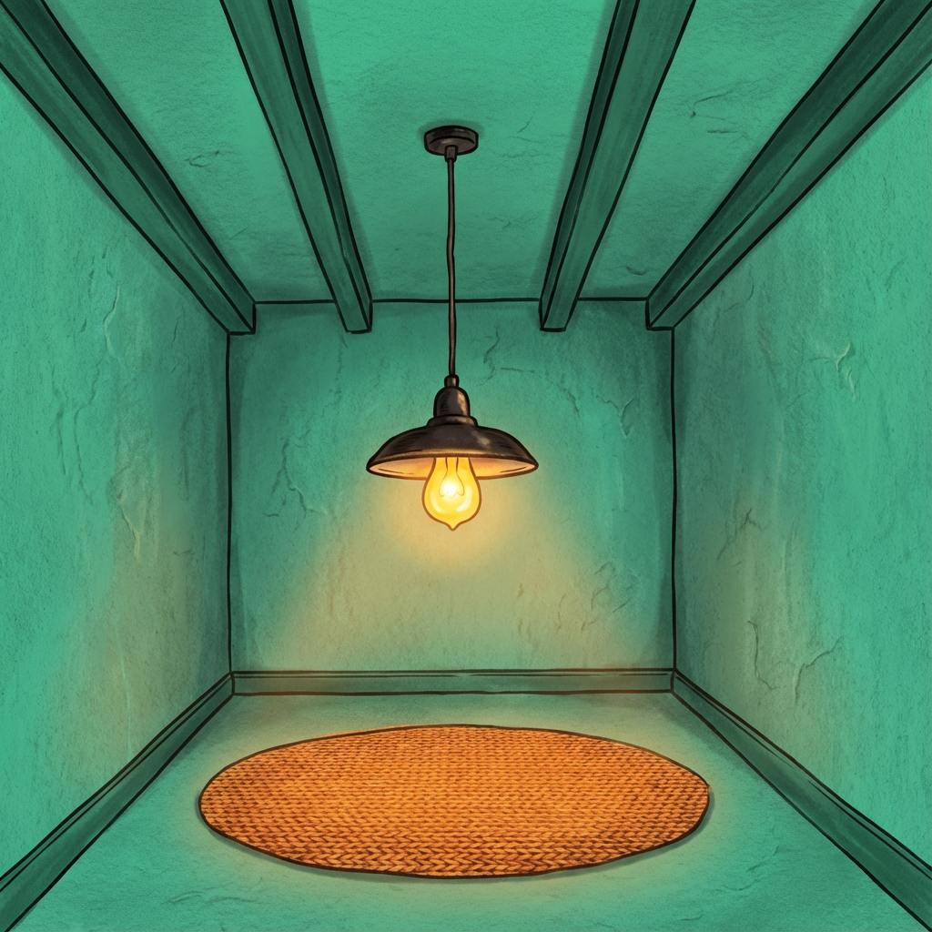 AI image generated of An abstract, childlike figure: a square body with a vertical line through the center, long arms stretching to the sides, and a small yellow dot near the chest on a teal background.