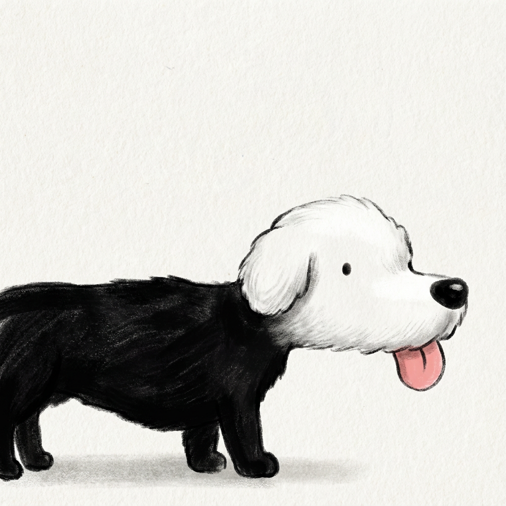 AI image generated of A playful, minimalist cartoon dog with a white head and a black body, facing to the right and sticking out its tongue.