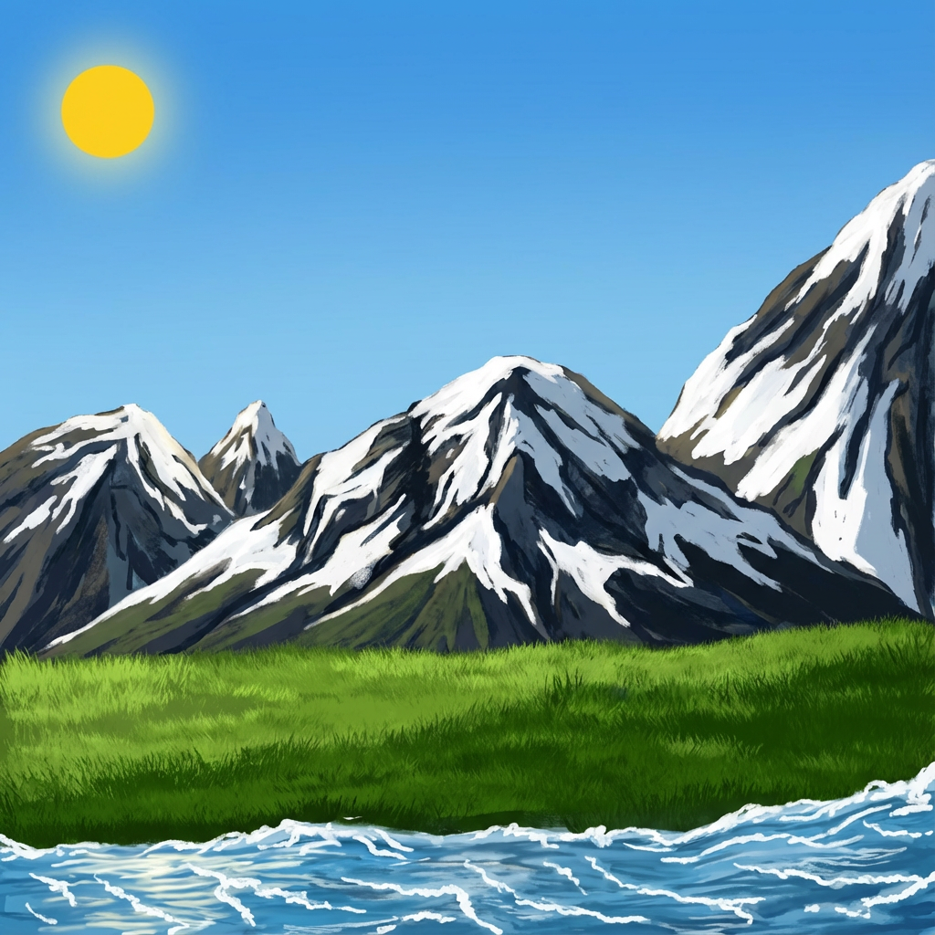 AI image generated of A simple landscape with a yellow sun, jagged black mountains, a green shoreline, and blue, wavy water.