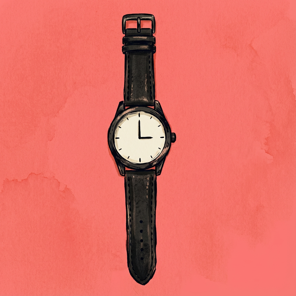 AI image generated of A simple abstract drawing featuring a tall black vertical bar with a circular ring around its middle against a pink background.