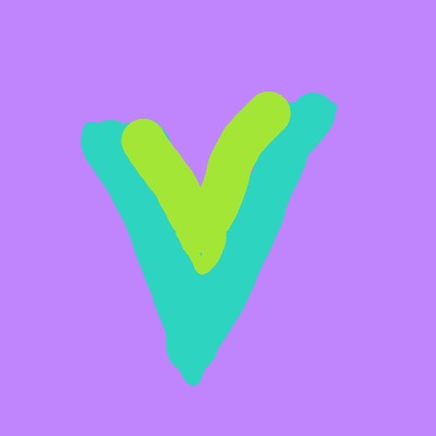 An abstract V made from three overlapping brushstrokes in turquoise and lime green against a purple background.