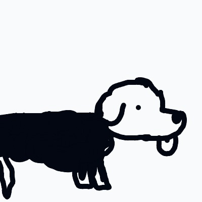 A playful, minimalist cartoon dog with a white head and a black body, facing to the right and sticking out its tongue.