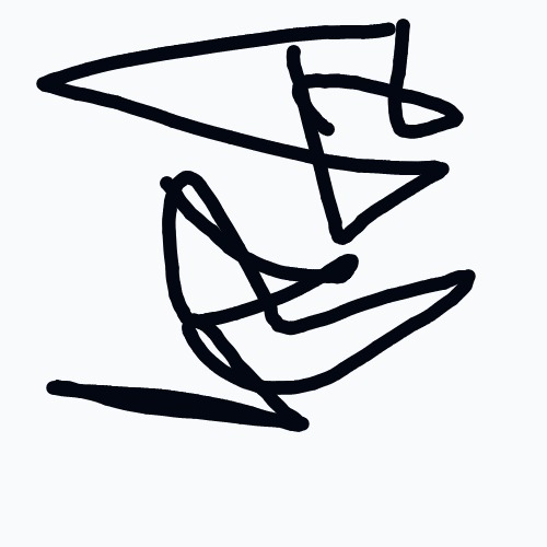 An abstract, freehand doodle of bold black lines looping and intersecting into a chaotic spiral with triangular elements.